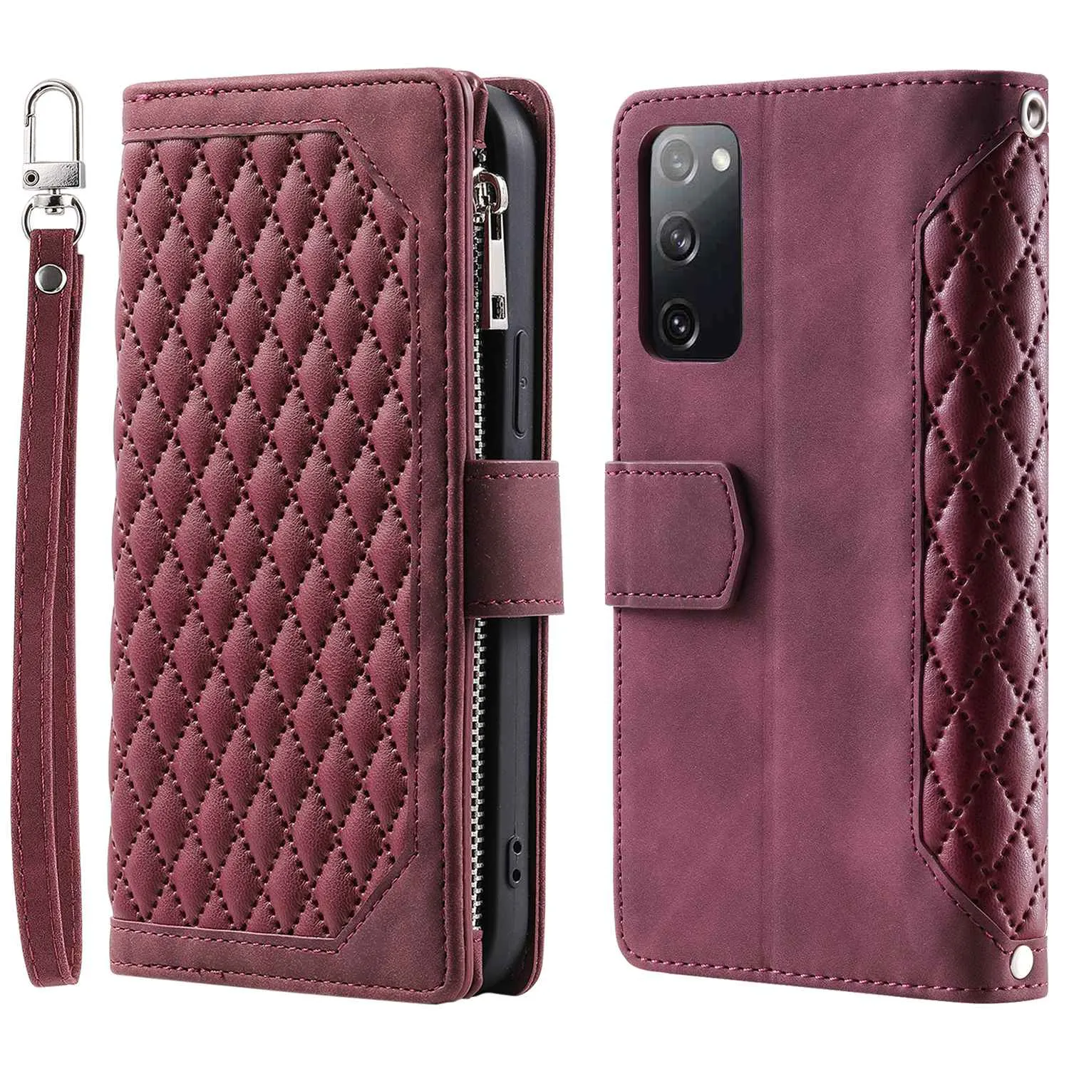 005 Smartphone Cover for Samsung Galaxy S20 FE 2022 / S20 Lite / S20 FE 5G / 4G, Handy Strap Rhombus Grid Textured PU Leather Zipper Pocket Stand Wallet Case