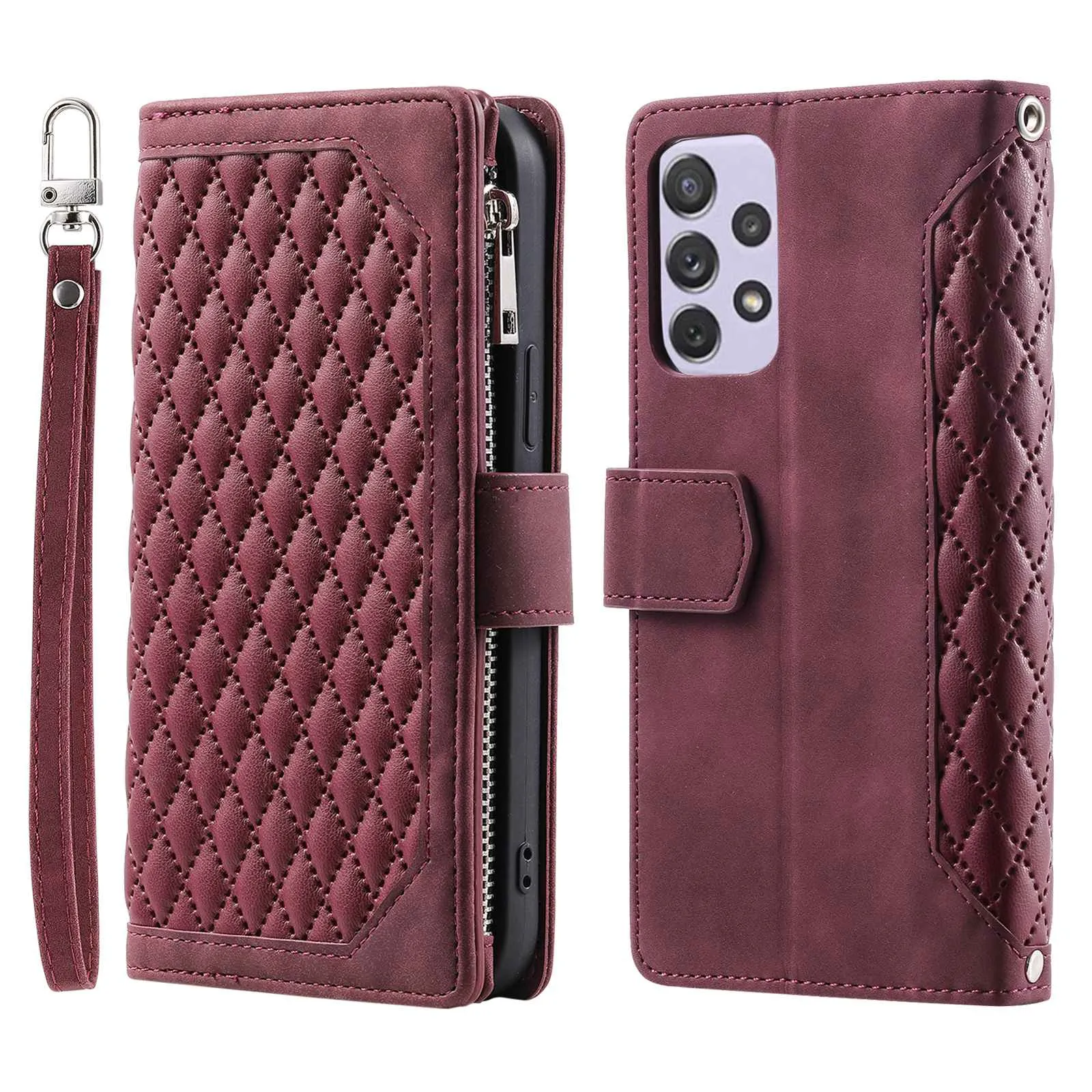 005 Style for Samsung Galaxy A72 4G / 5G Zipper Pocket Design Rhombus Texture Phone Cover PU Leather Stand Wallet Protective Case with Wrist Strap