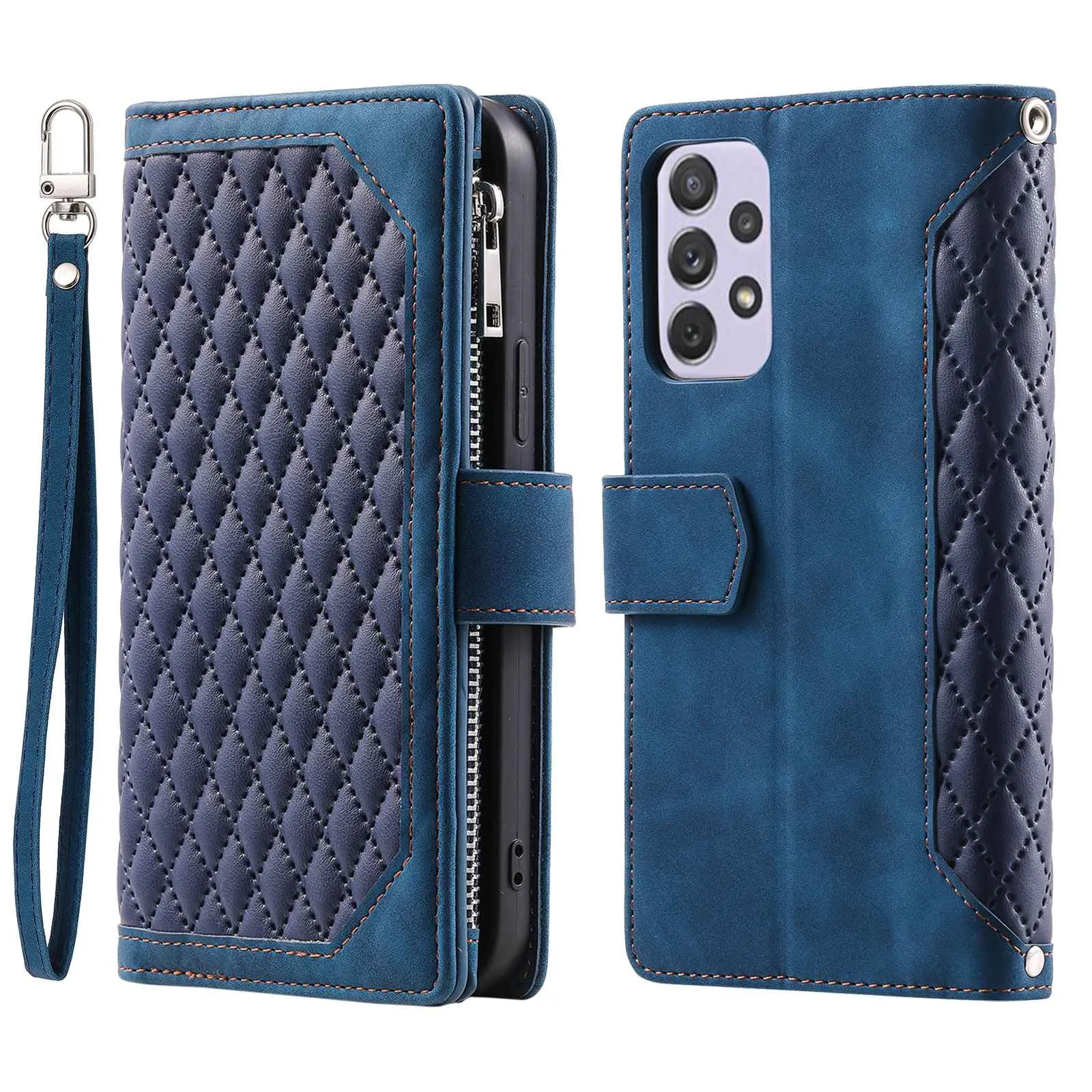 005 Style for Samsung Galaxy A72 4G / 5G Zipper Pocket Design Rhombus Texture Phone Cover PU Leather Stand Wallet Protective Case with Wrist Strap