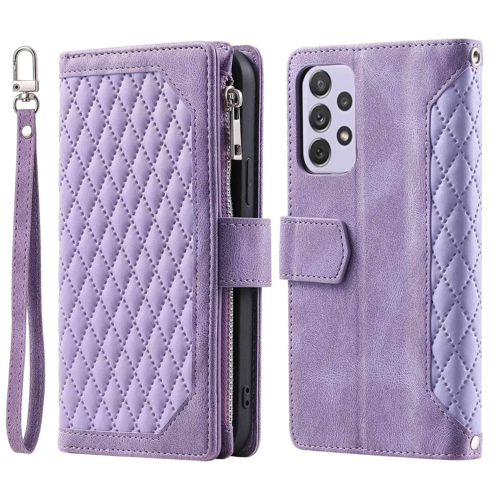 005 Style for Samsung Galaxy A72 4G / 5G Zipper Pocket Design Rhombus Texture Phone Cover PU Leather Stand Wallet Protective Case with Wrist Strap