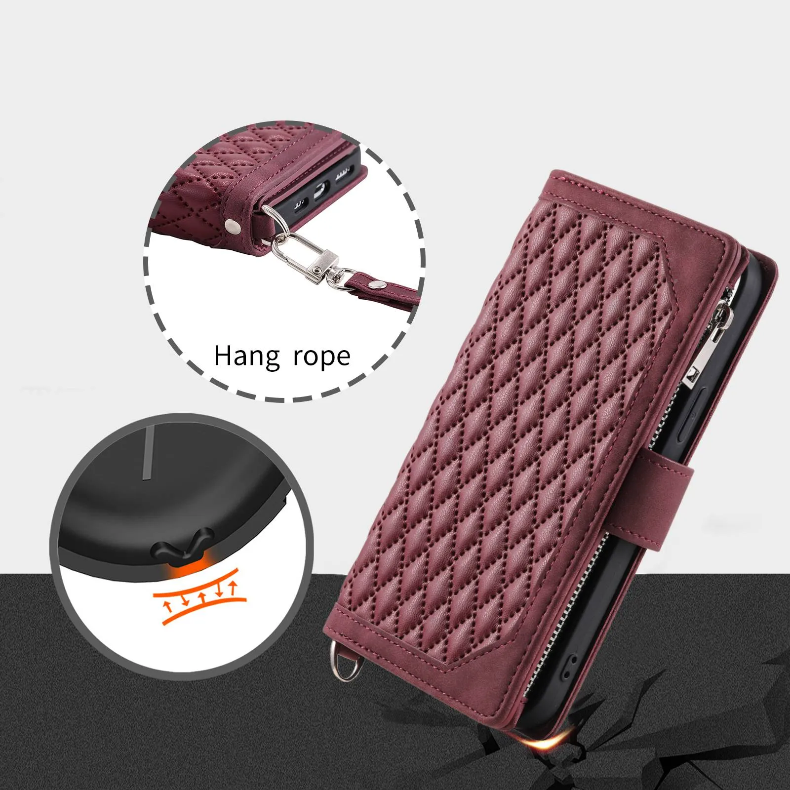 005 Style for Samsung Galaxy S22 Ultra 5G Rhombus Texture PU Leather Phone Wallet Stand Cover Zipper Pocket Design Anti-drop Case with Wrist Strap