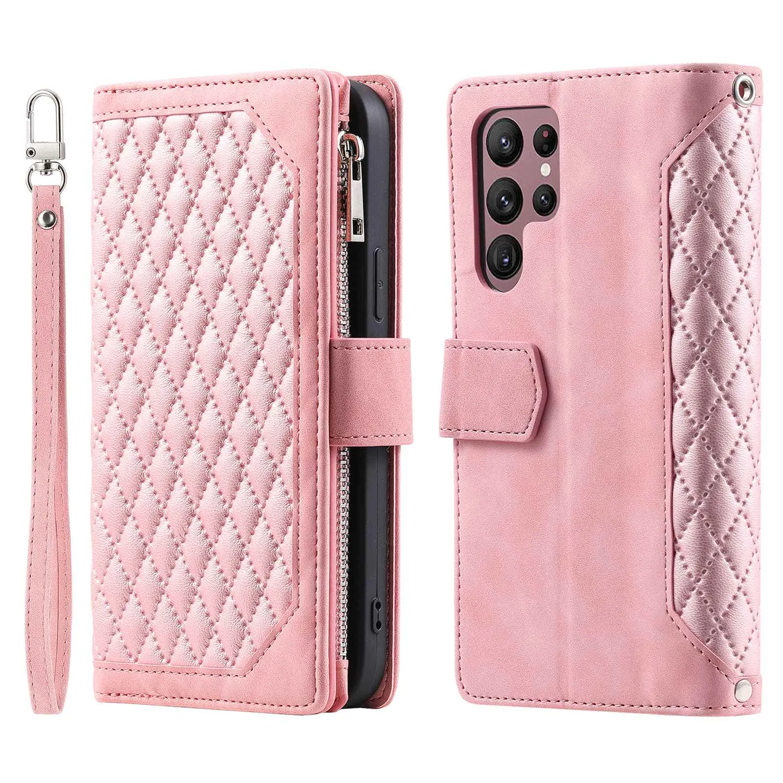 005 Style for Samsung Galaxy S22 Ultra 5G Rhombus Texture PU Leather Phone Wallet Stand Cover Zipper Pocket Design Anti-drop Case with Wrist Strap