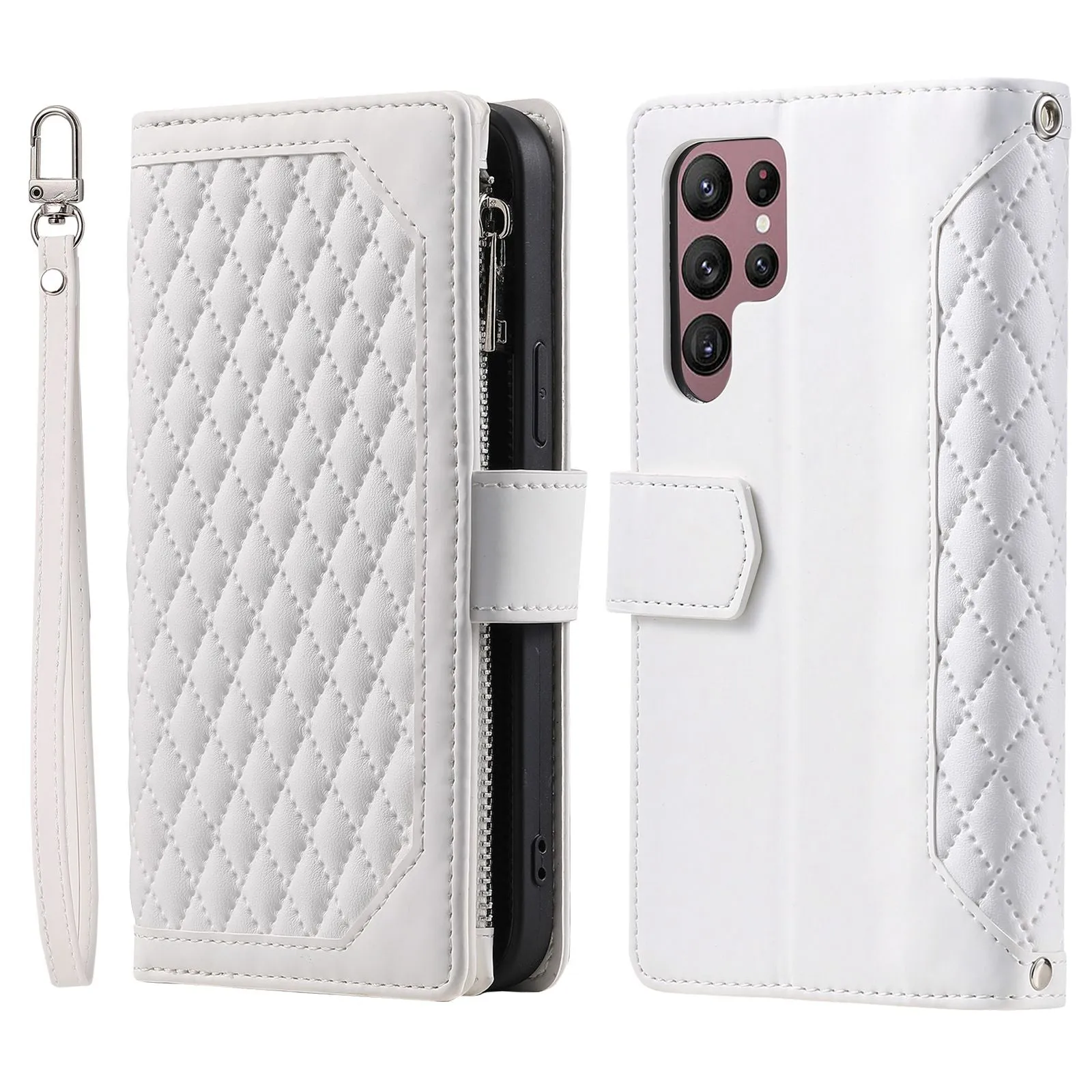 005 Style for Samsung Galaxy S22 Ultra 5G Rhombus Texture PU Leather Phone Wallet Stand Cover Zipper Pocket Design Anti-drop Case with Wrist Strap