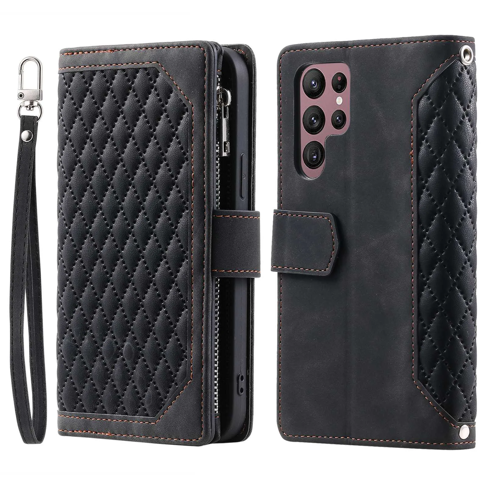 005 Style for Samsung Galaxy S22 Ultra 5G Rhombus Texture PU Leather Phone Wallet Stand Cover Zipper Pocket Design Anti-drop Case with Wrist Strap