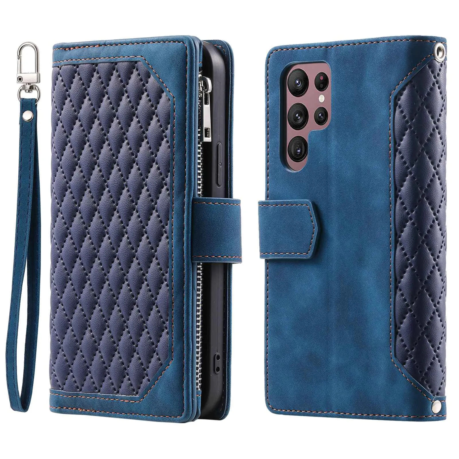 005 Style for Samsung Galaxy S22 Ultra 5G Rhombus Texture PU Leather Phone Wallet Stand Cover Zipper Pocket Design Anti-drop Case with Wrist Strap