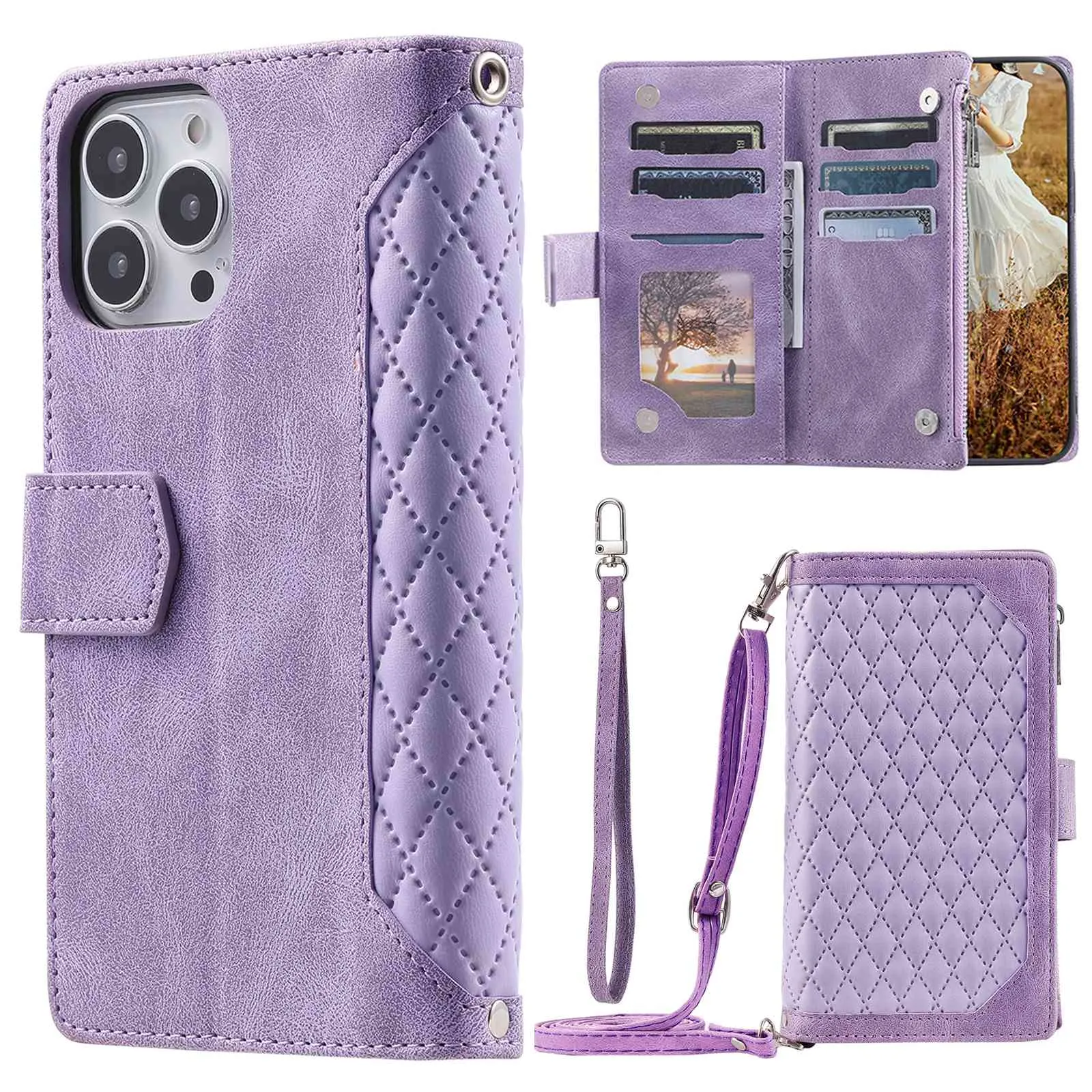 005 Style Phone Flip Leather Wallet Case Stand For iPhone 14 Pro 6.1 inch, Card Holder Rhombus Texture Zipper Pocket Protective Anti-drop Cellphone Cover with Strap