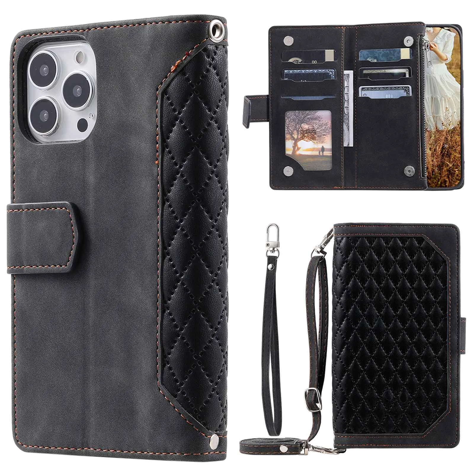 005 Style Phone Flip Leather Wallet Case Stand For iPhone 14 Pro 6.1 inch, Card Holder Rhombus Texture Zipper Pocket Protective Anti-drop Cellphone Cover with Strap