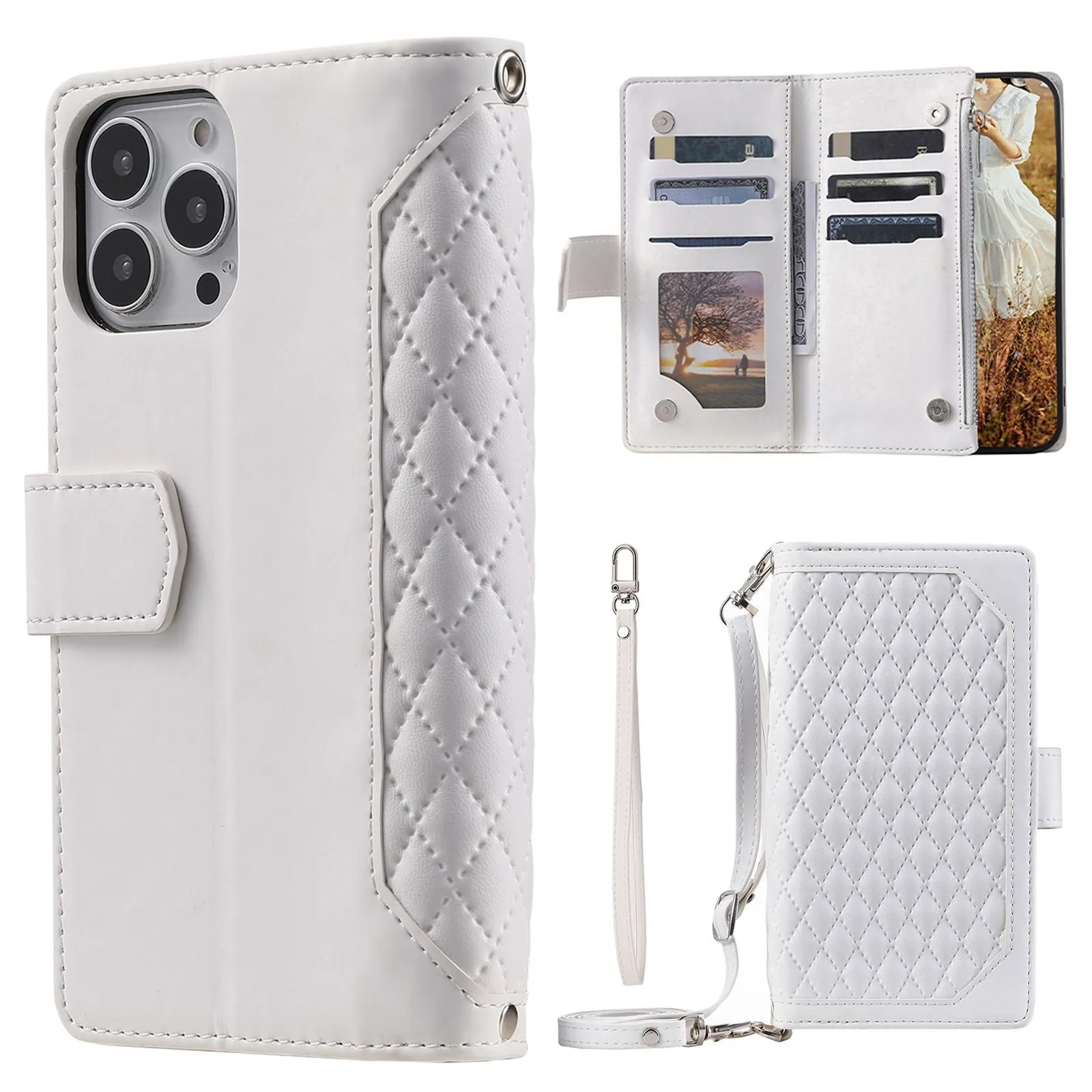 005 Style Phone Flip Leather Wallet Case Stand For iPhone 14 Pro 6.1 inch, Card Holder Rhombus Texture Zipper Pocket Protective Anti-drop Cellphone Cover with Strap