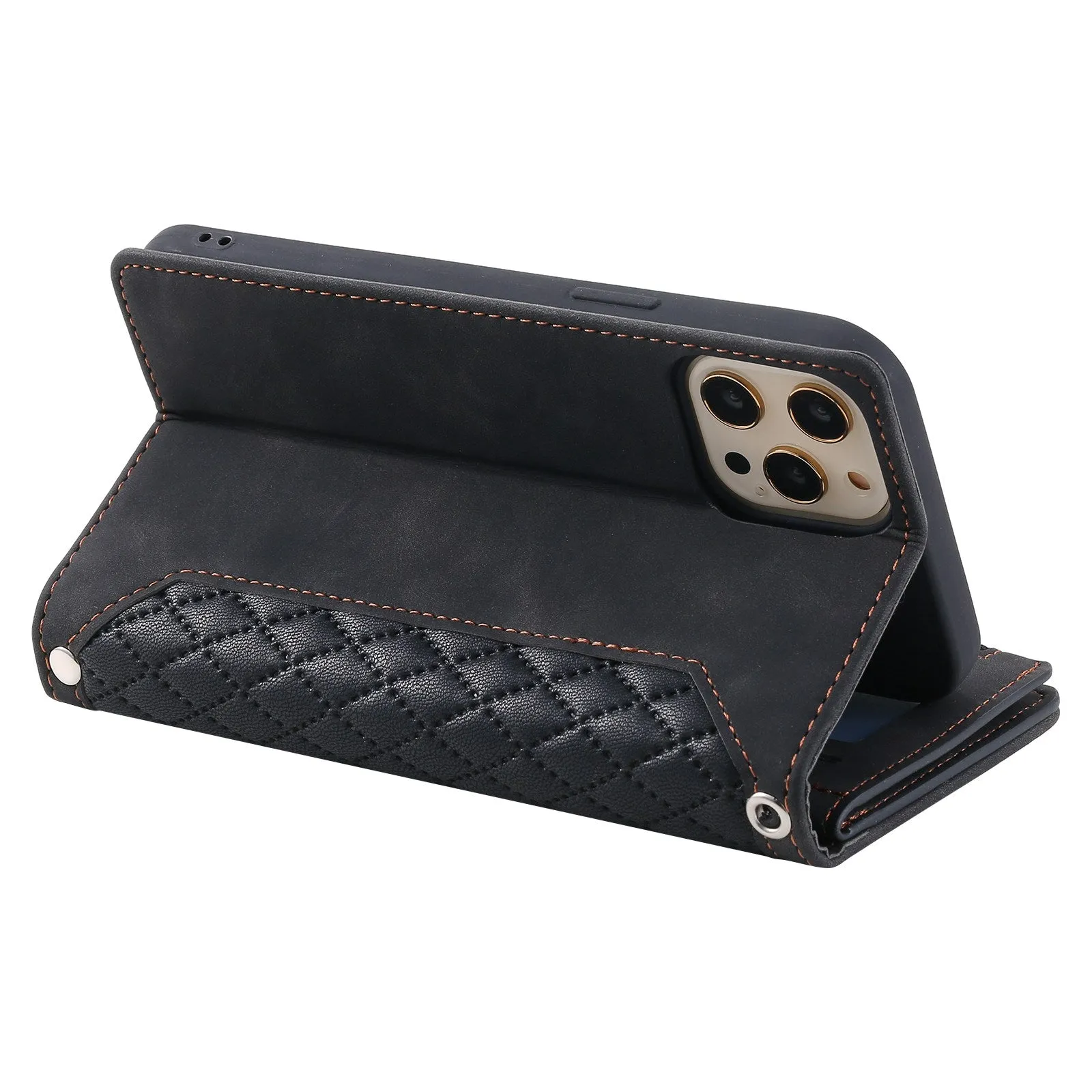 005 Style Phone Flip Leather Wallet Case Stand For iPhone 14 Pro 6.1 inch, Card Holder Rhombus Texture Zipper Pocket Protective Anti-drop Cellphone Cover with Strap