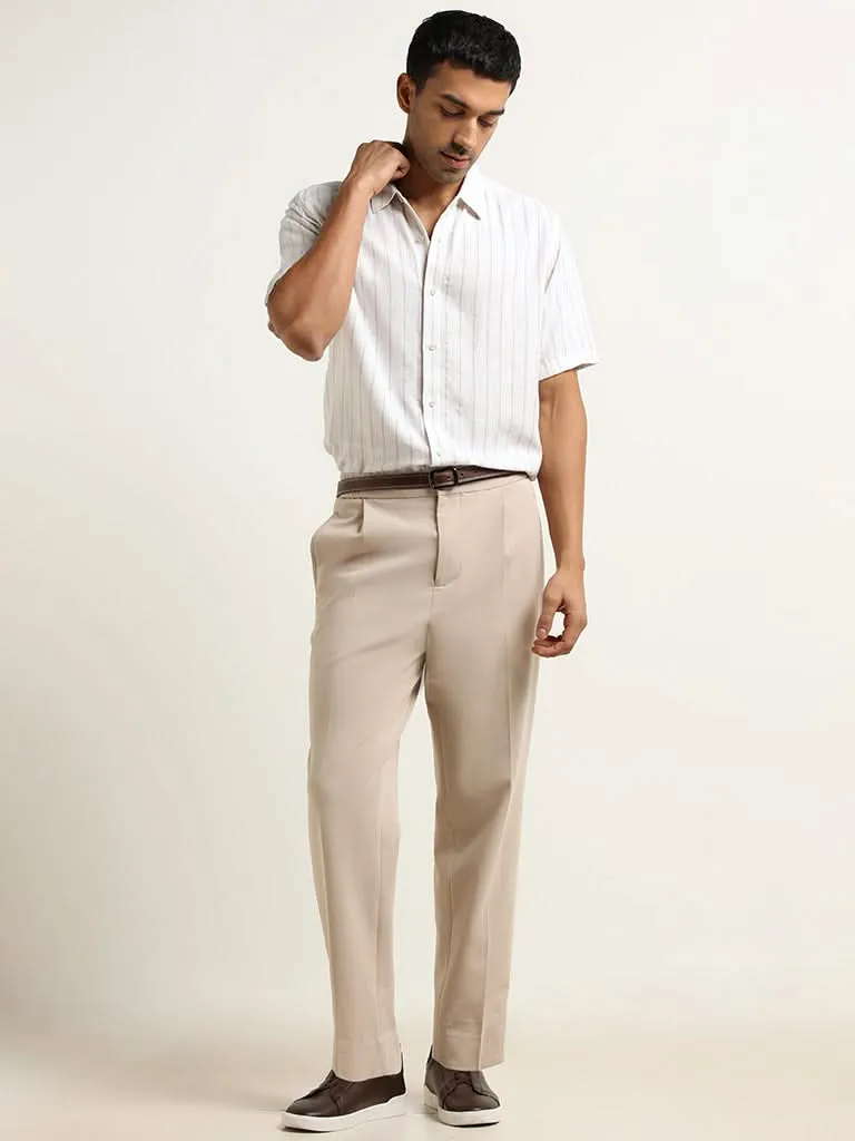 Ascot White Relaxed Fit Striped Blended Linen Shirt