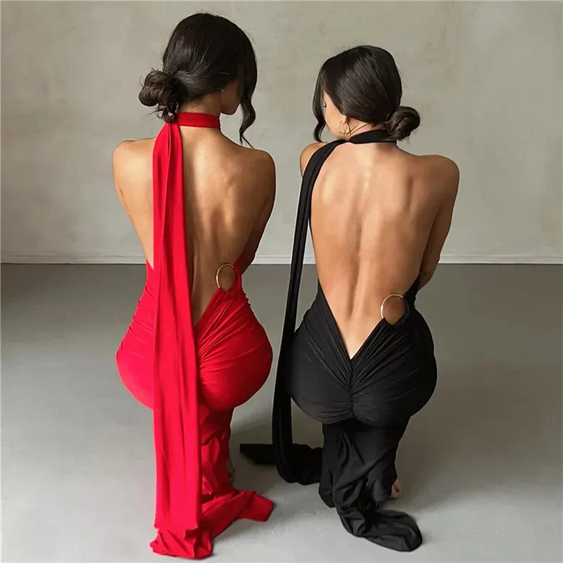 Backless Maxi Dress Oblique Shoulder Sleeveless^