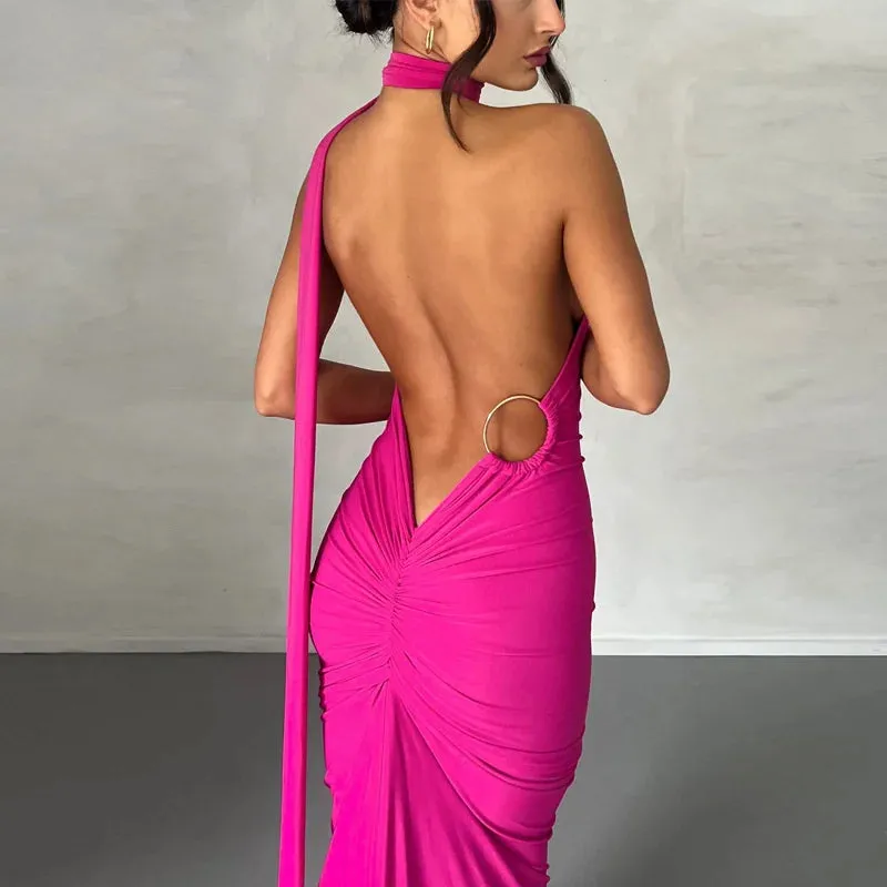 Backless Maxi Dress Oblique Shoulder Sleeveless^