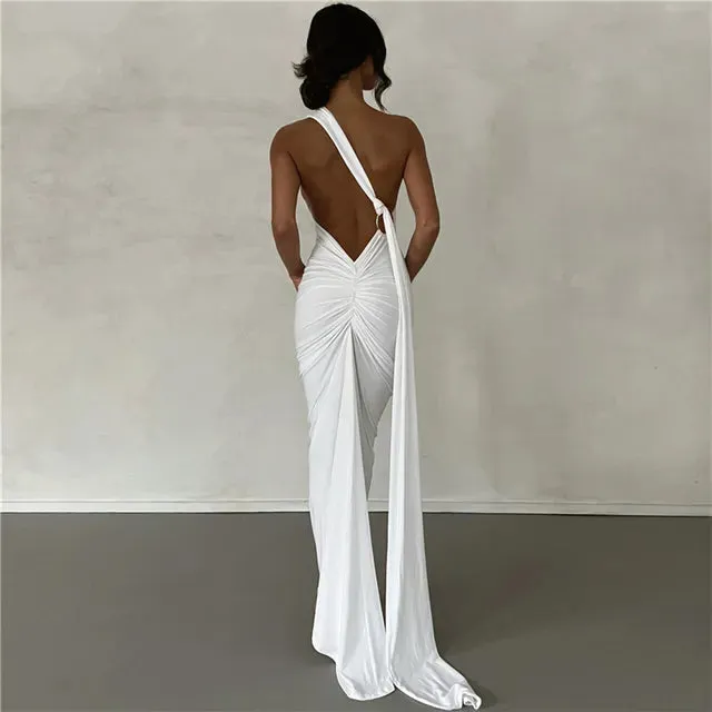 Backless Maxi Dress Oblique Shoulder Sleeveless^