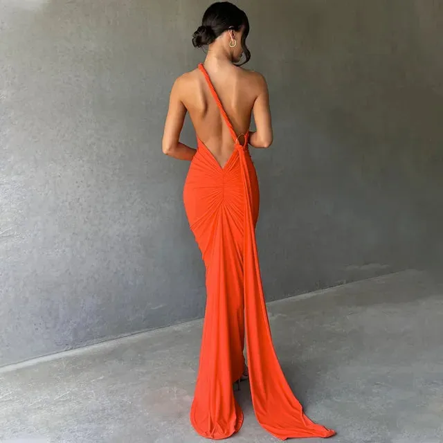 Backless Maxi Dress Oblique Shoulder Sleeveless^