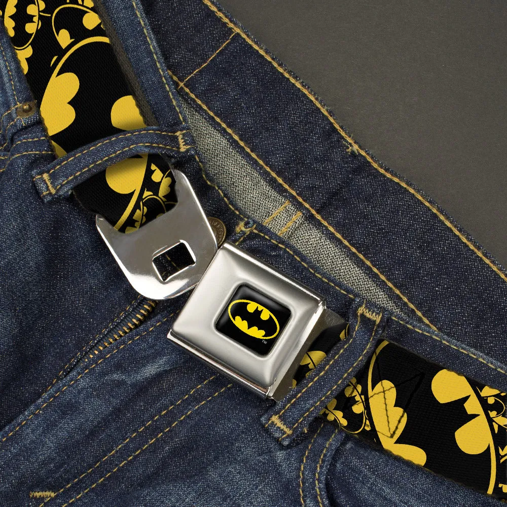 Batman Full Color Black Yellow Seatbelt Belt - Bat Signals Stacked w/CLOSE-UP Yellow/Black Webbing