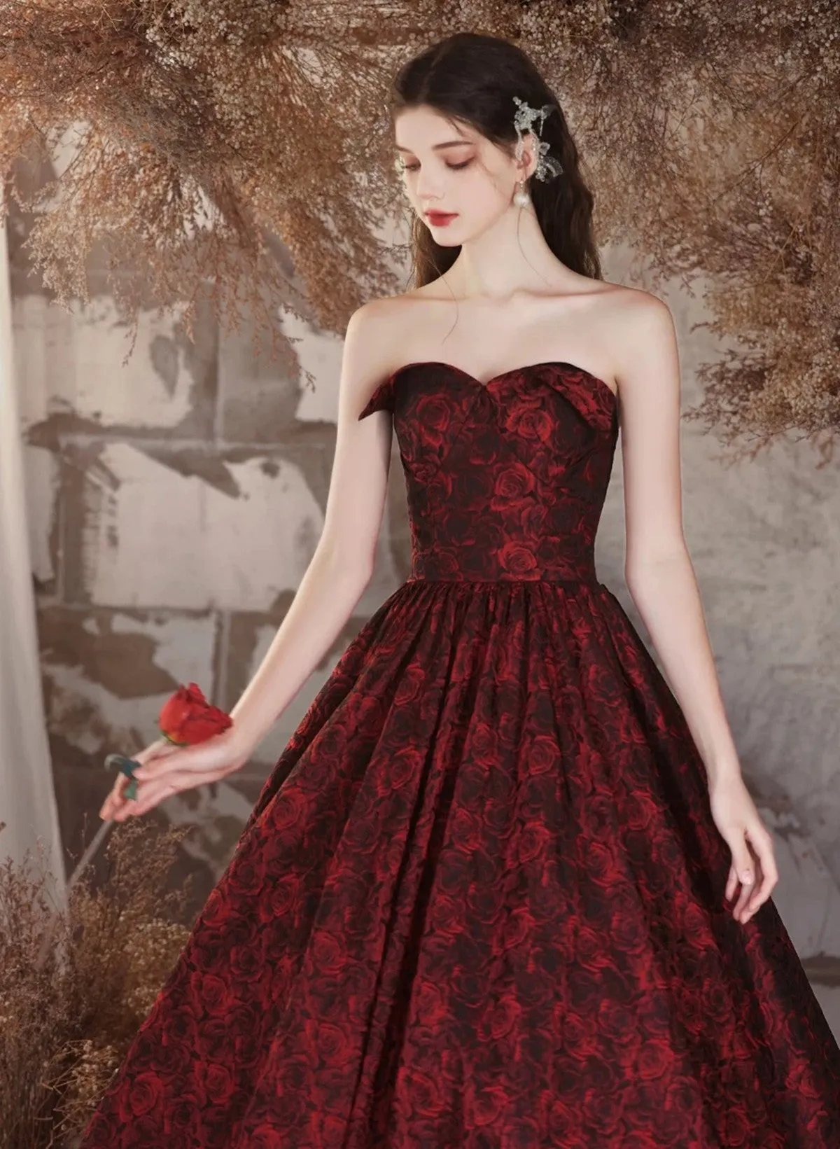 Black and Red Floral Sweetheart Floor Length Party Dress, Long Prom Dress