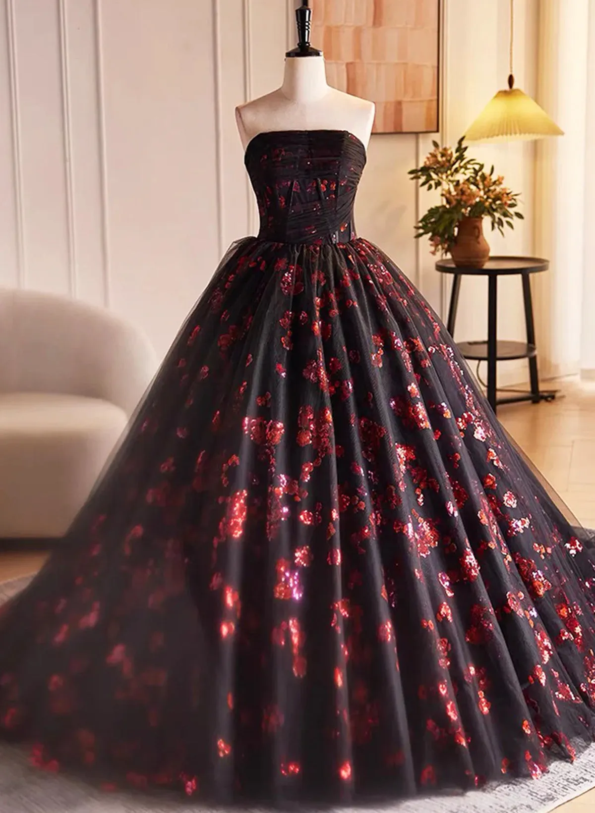 Black and Red Tulle Floral Sweet 16 Dress, Black and Red Party Dress Prom Dress