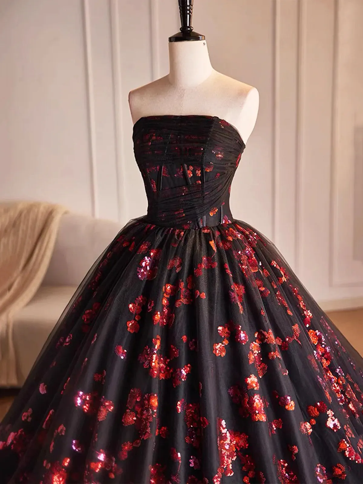 Black and Red Tulle Floral Sweet 16 Dress, Black and Red Party Dress Prom Dress