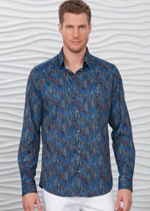 Blue Brown Leaf Silky Print Shirt