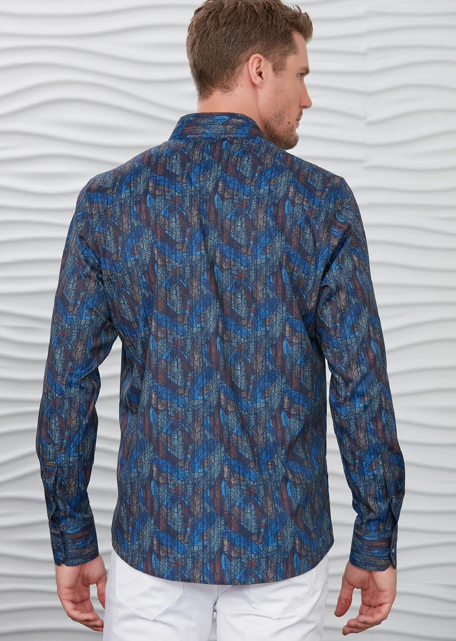 Blue Brown Leaf Silky Print Shirt