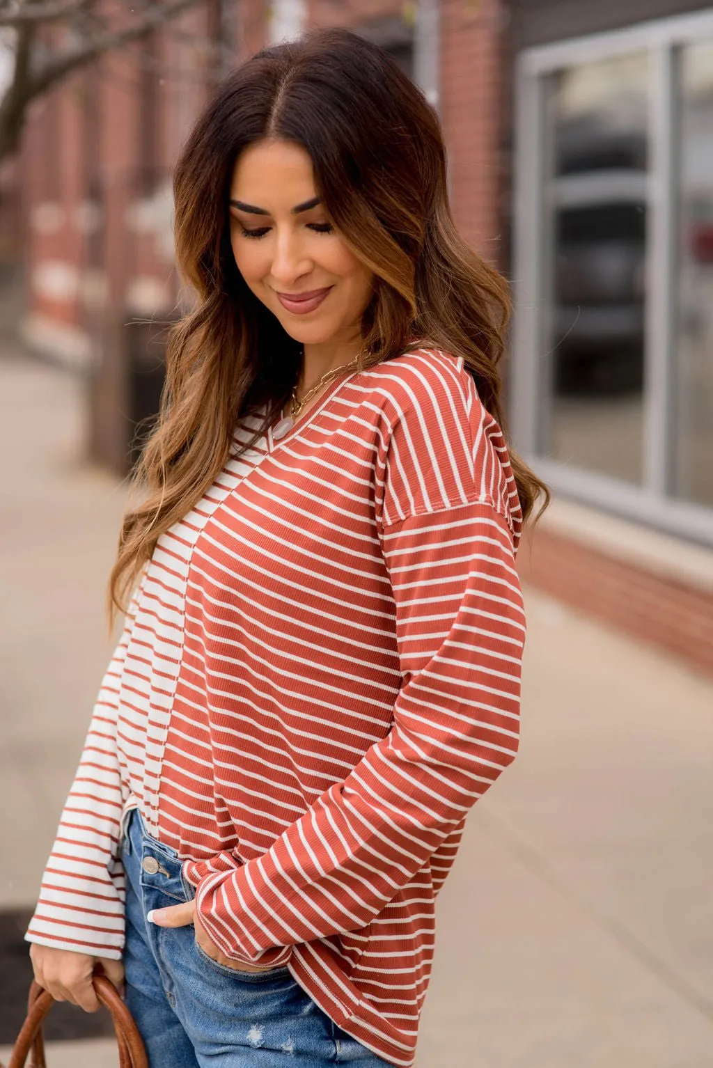 Contrasting Stripes V-Neck Tee