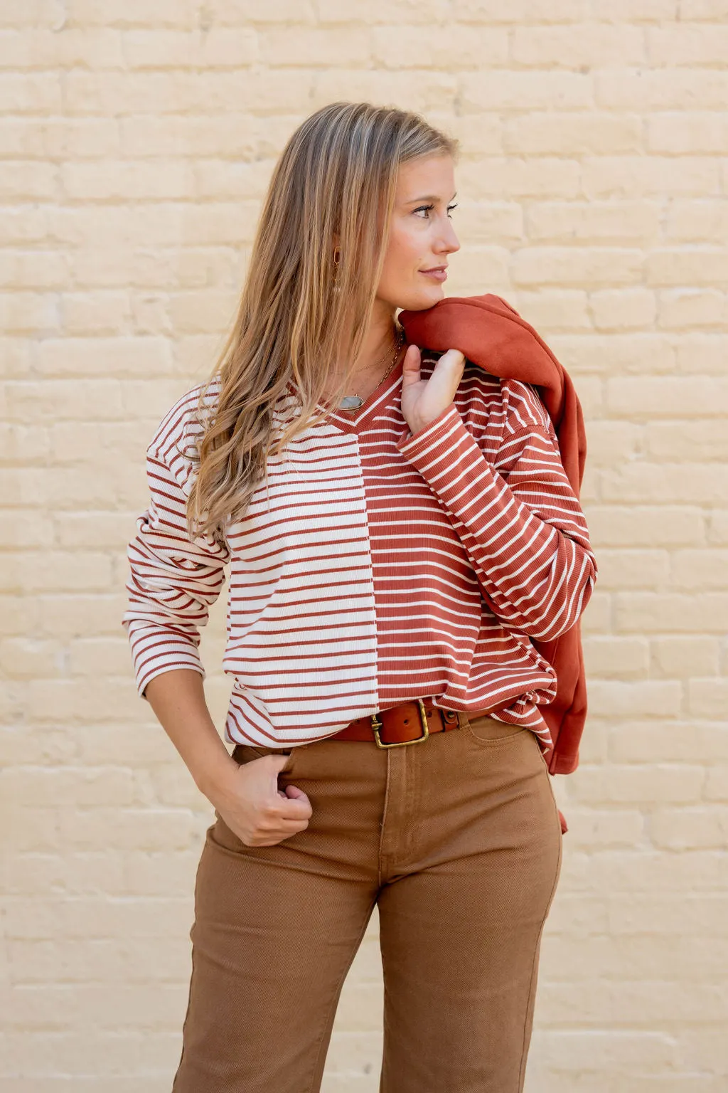 Contrasting Stripes V-Neck Tee