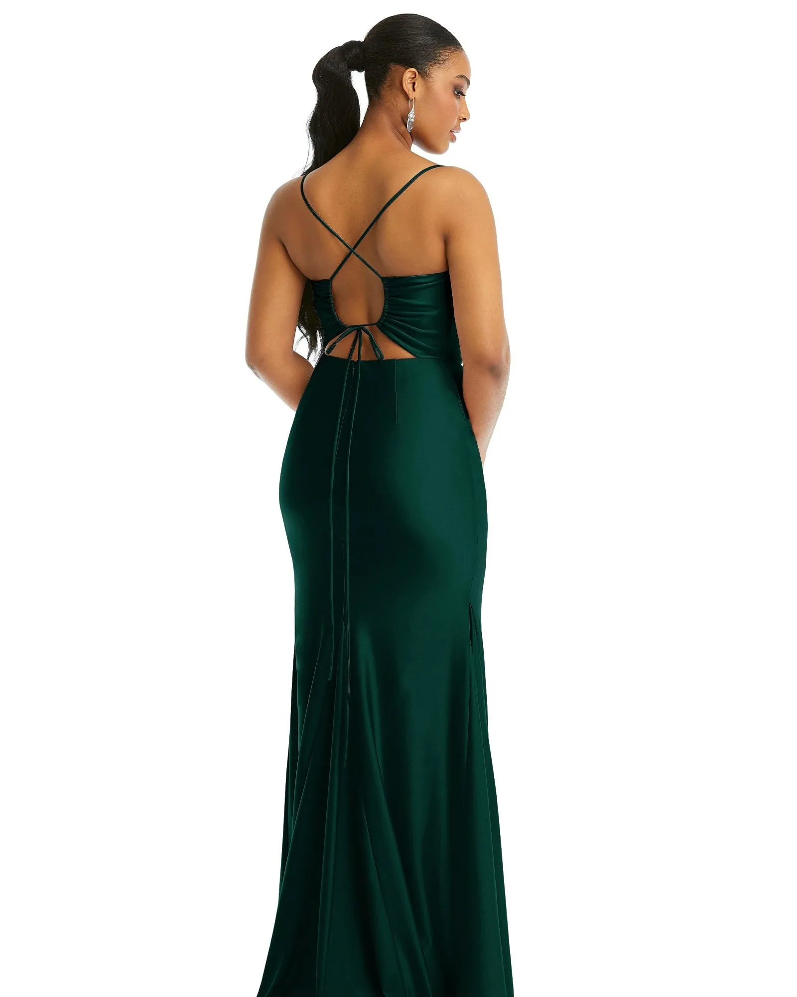 Cowl-Neck Open Tie-Back Stretch Satin Mermaid Dress with Slight Train | Evergreen