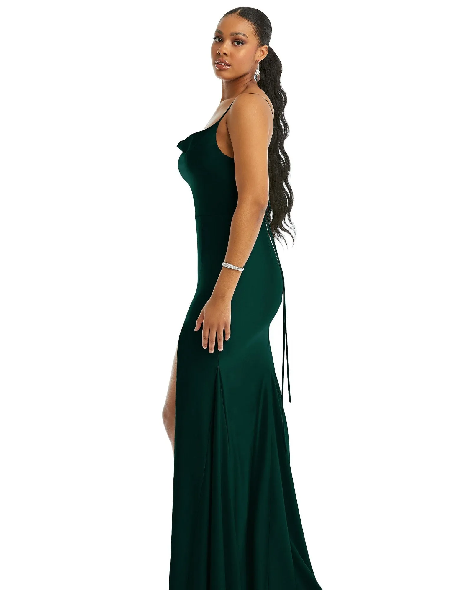 Cowl-Neck Open Tie-Back Stretch Satin Mermaid Dress with Slight Train | Evergreen