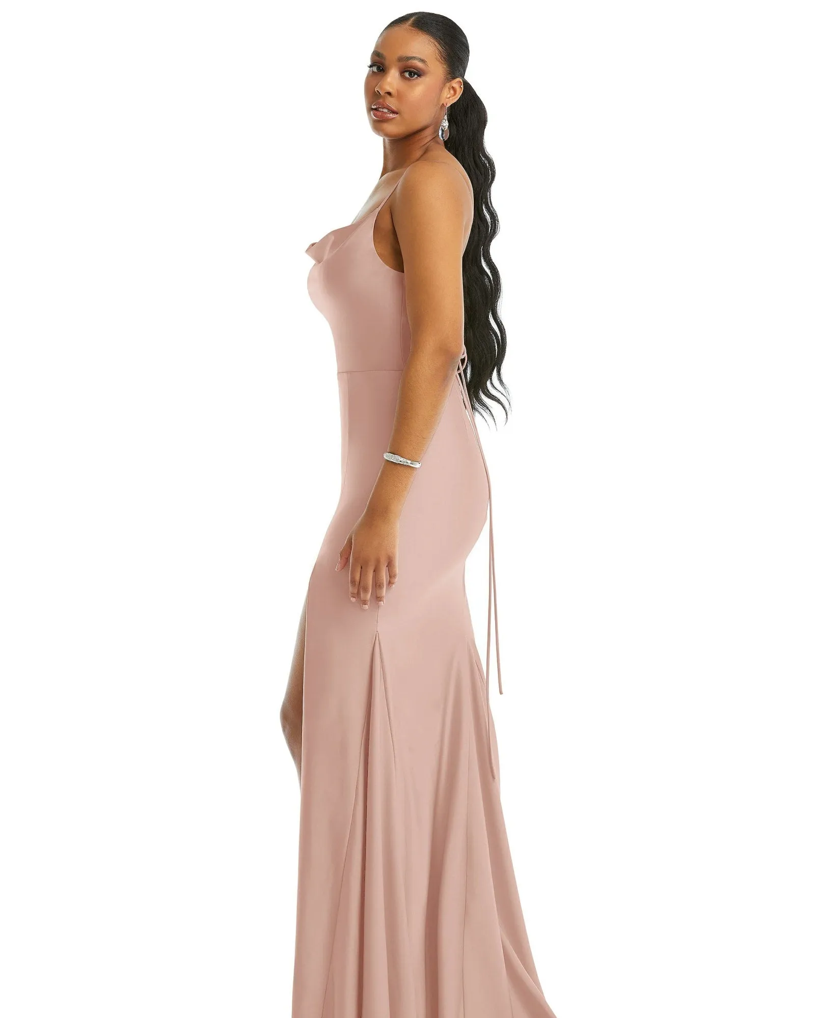 Cowl-Neck Open Tie-Back Stretch Satin Mermaid Dress with Slight Train | Toasted Sugar