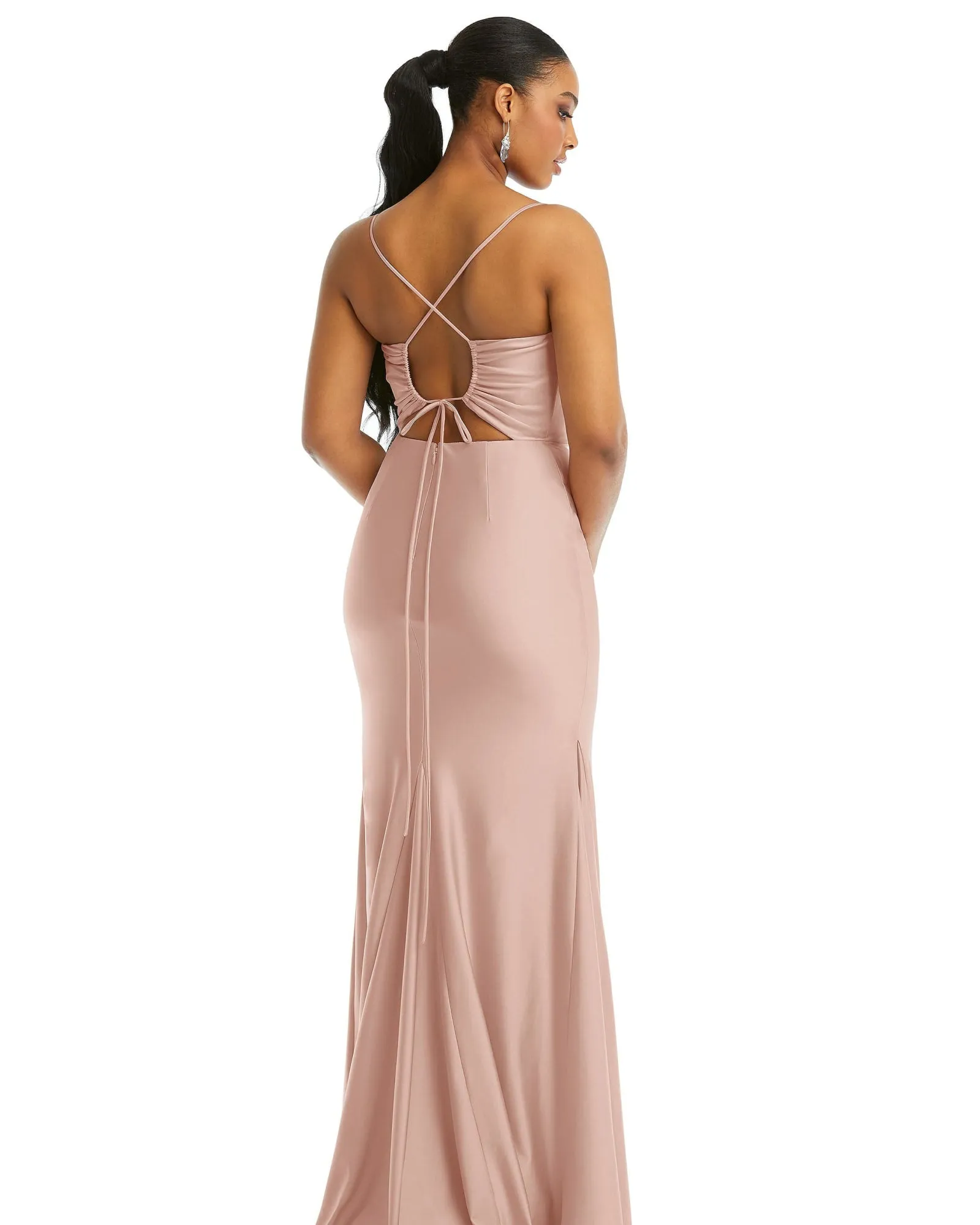 Cowl-Neck Open Tie-Back Stretch Satin Mermaid Dress with Slight Train | Toasted Sugar