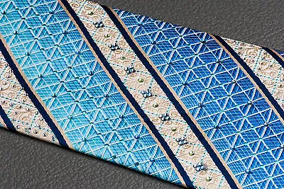 Daks Silk Neck Tie Blue Cream Striped With Lattice & Rhinestones Classic