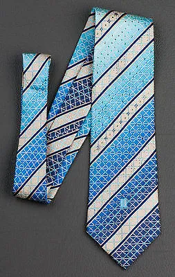 Daks Silk Neck Tie Blue Cream Striped With Lattice & Rhinestones Classic