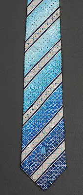 Daks Silk Neck Tie Blue Cream Striped With Lattice & Rhinestones Classic