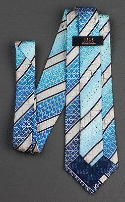 Daks Silk Neck Tie Blue Cream Striped With Lattice & Rhinestones Classic