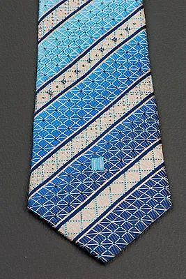 Daks Silk Neck Tie Blue Cream Striped With Lattice & Rhinestones Classic