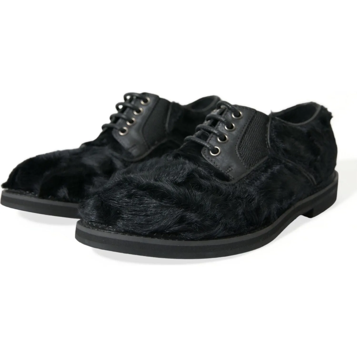 Dolce & Gabbana Elegant Black Fur Derby Dress Shoes for Men