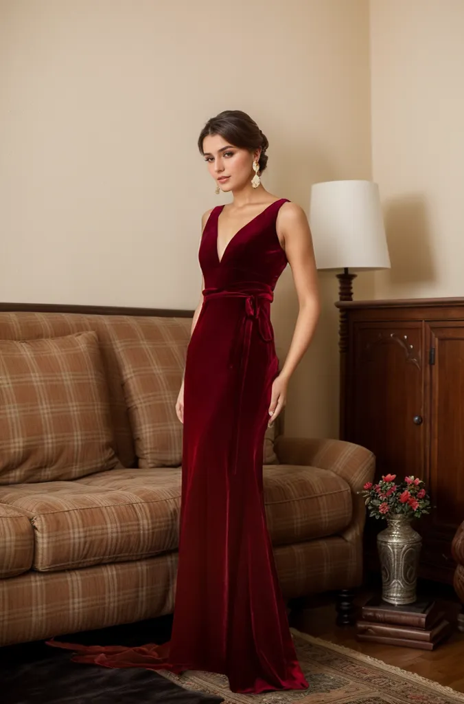 Elegant V-neck Hepburn Style fit and flare long velvet dress