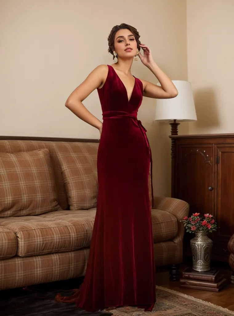 Elegant V-neck Hepburn Style fit and flare long velvet dress