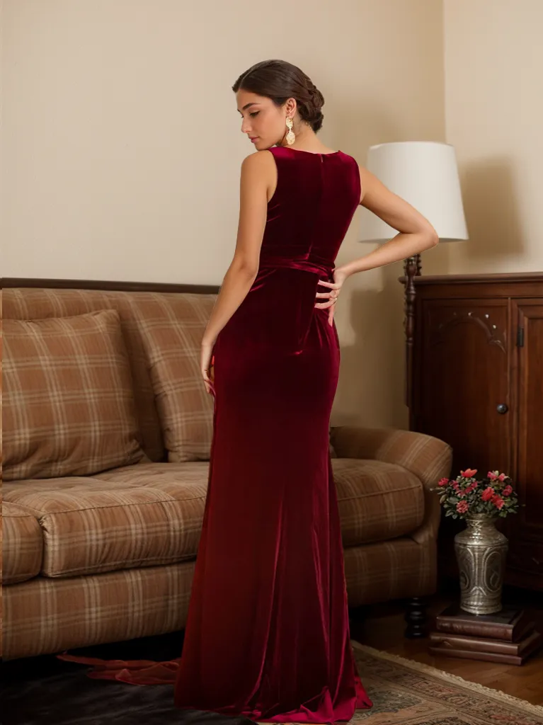 Elegant V-neck Hepburn Style fit and flare long velvet dress