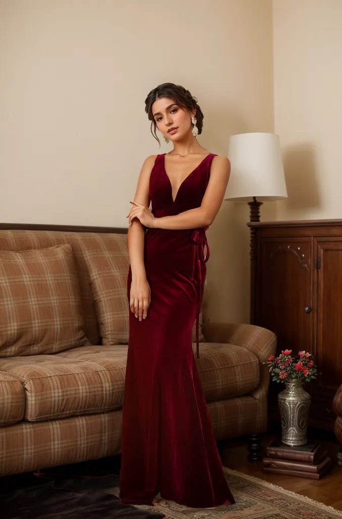 Elegant V-neck Hepburn Style fit and flare long velvet dress