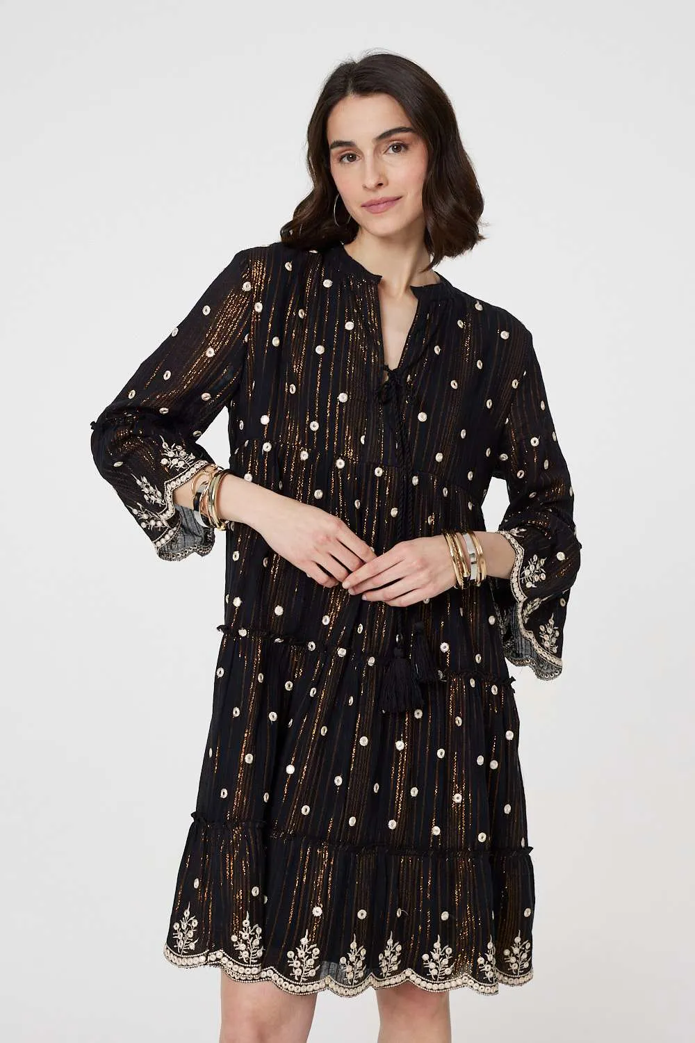 Embroidered 3/4 Sleeve Knee Length Dress