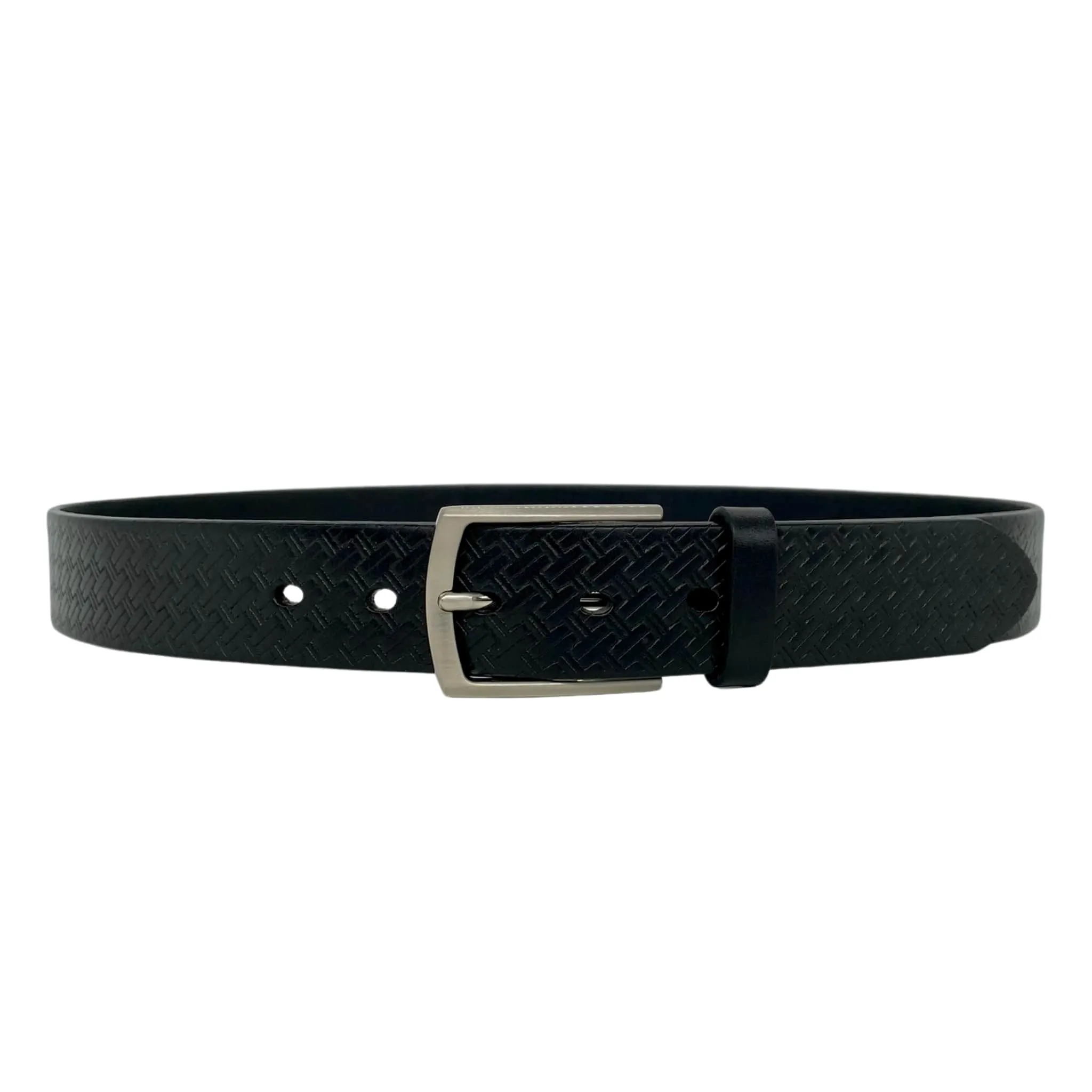 FABIAN - Mens Black Genuine Leather Textured Belt with Silver Buckle