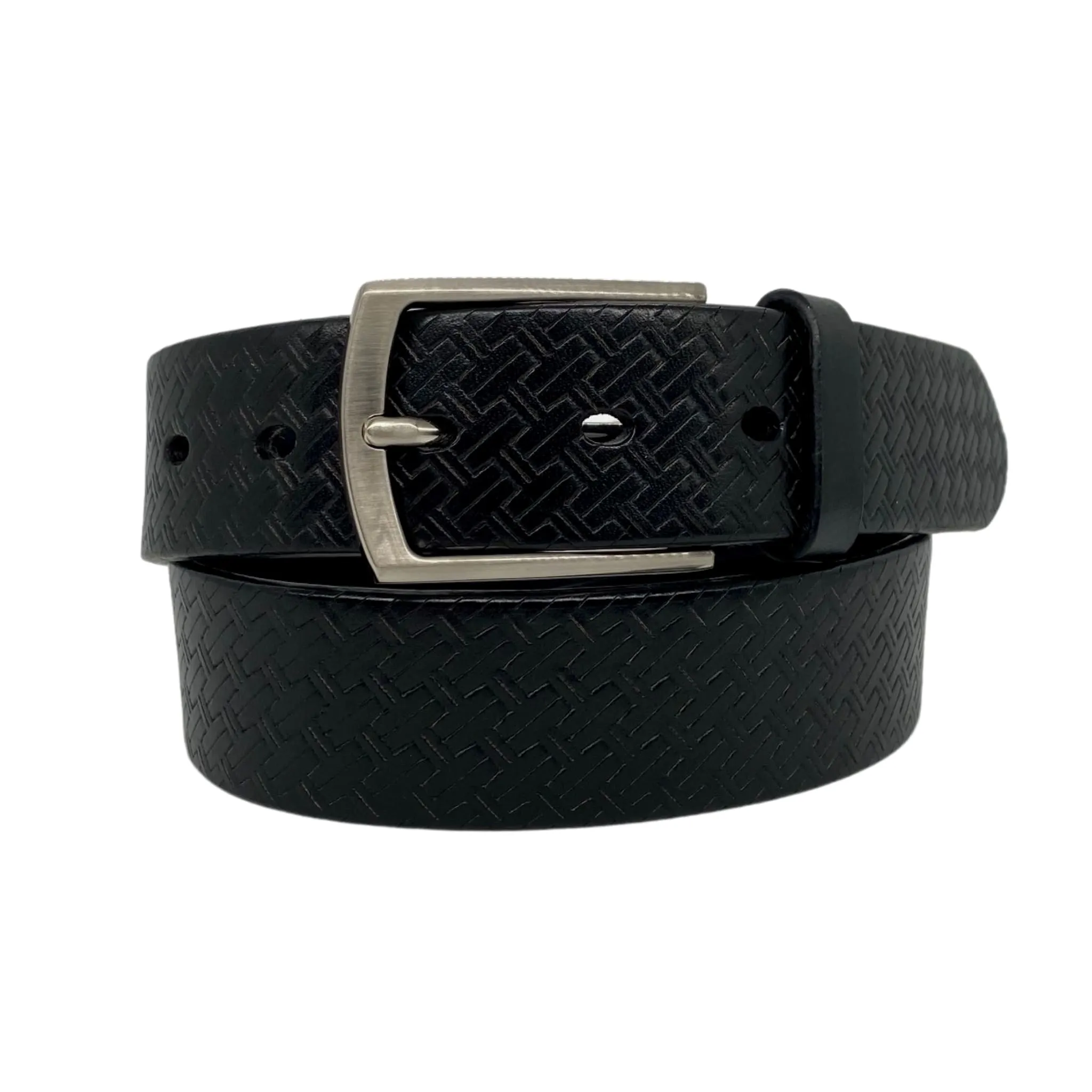 FABIAN - Mens Black Genuine Leather Textured Belt with Silver Buckle