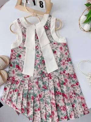 Girls Garden Party Floral Dress with Elegant Bow Tie