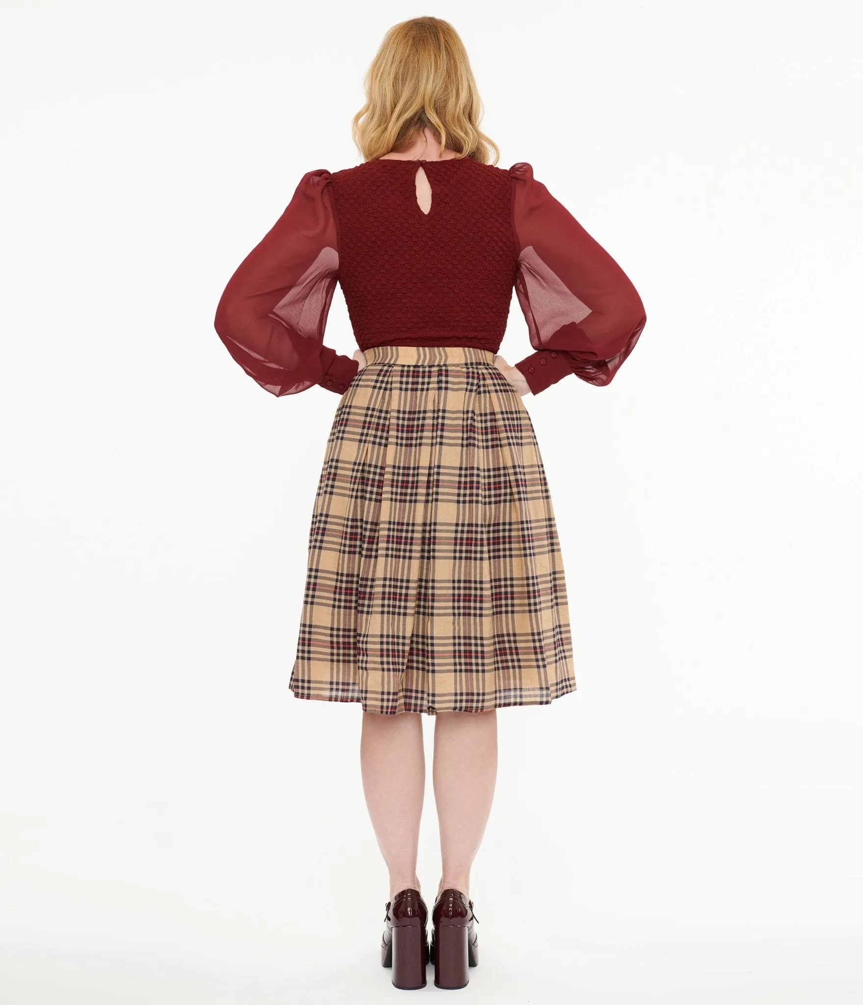 Khaki Plaid Fit & Flare Cotton Skirt