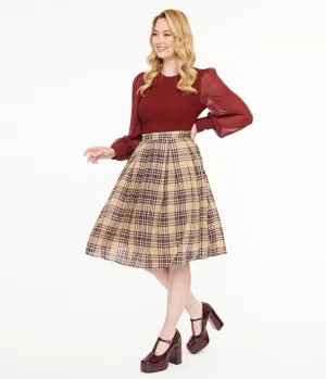 Khaki Plaid Fit & Flare Cotton Skirt