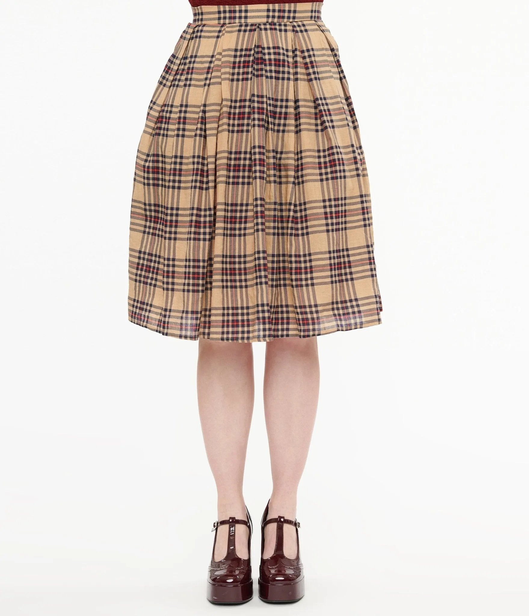 Khaki Plaid Fit & Flare Cotton Skirt