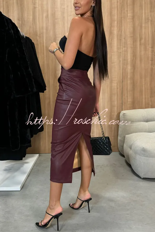 Lindsey Faux Leather High Rise Pocketed Slit Stretch Midi Skirt