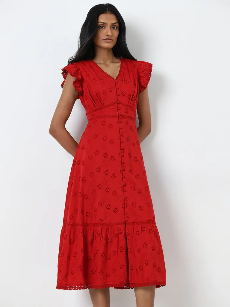 LOV Red Schiffli Design A-Line Cotton Dress