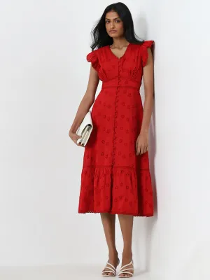 LOV Red Schiffli Design A-Line Cotton Dress